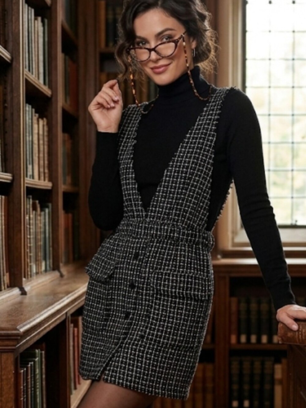 Forever 21 Black & White Tweed Plaid Button-Front Pinafore Mini Dress - Size S